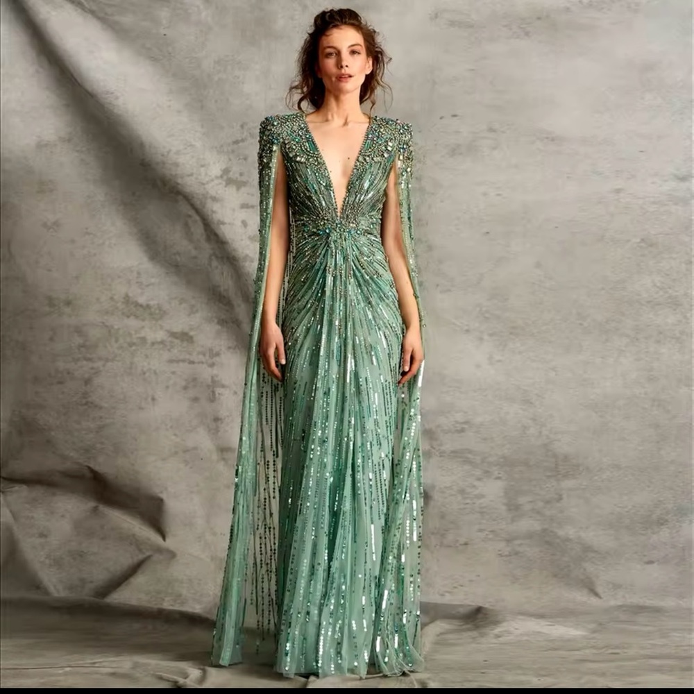 Exquisite Sage Green Cape Dress- BRAND NEW NEVER WORN